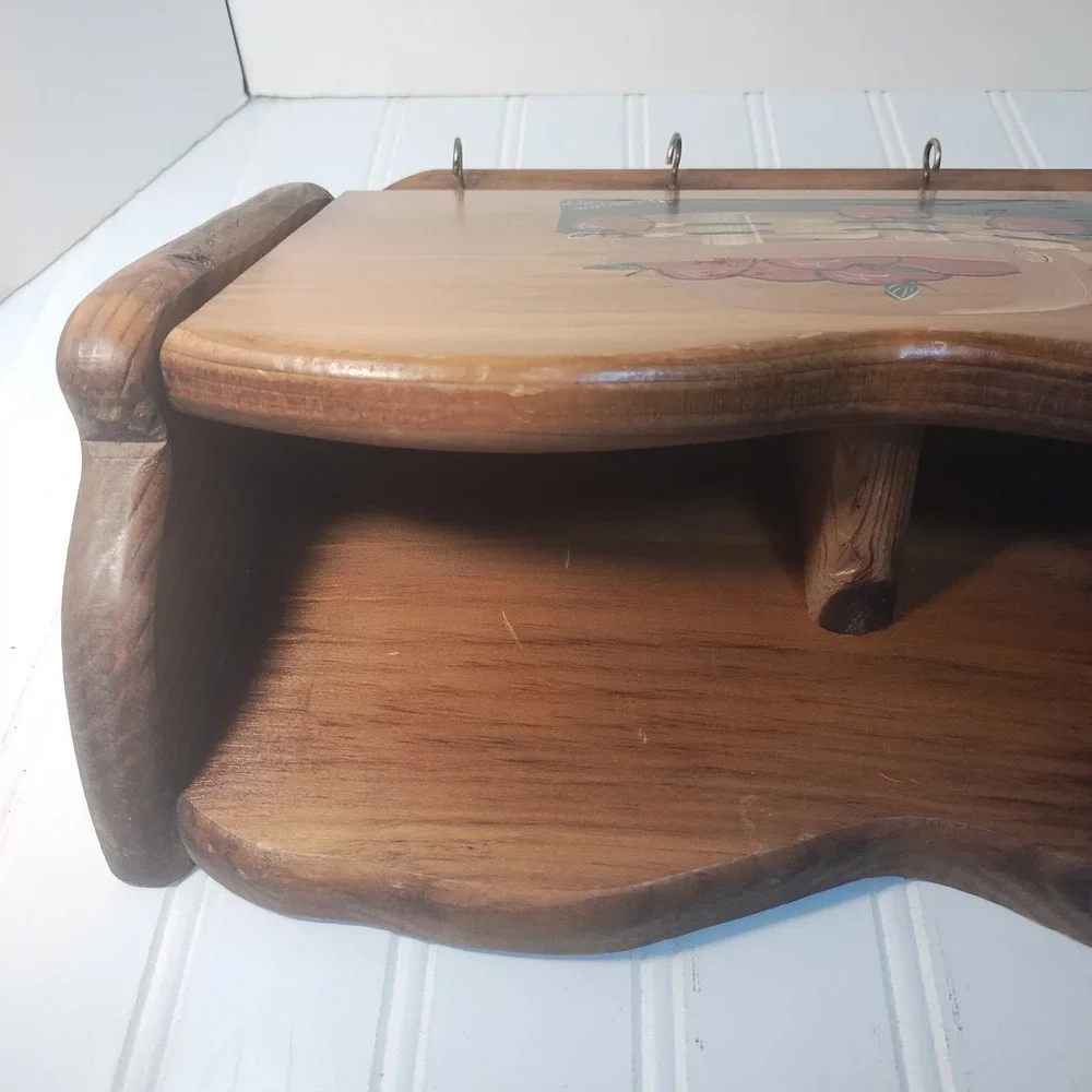 Vintage Wood Apple 2 Slot Wall Mail Bill Sorter Hanging Key Rack Cottage Rustic